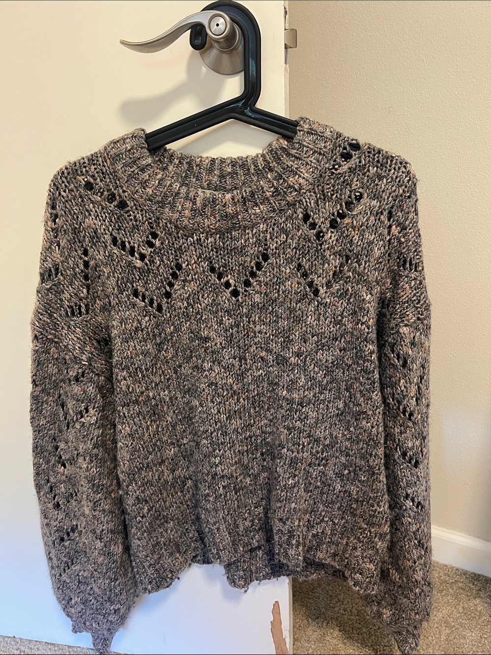 Madewell Heathered Taupe Open-Knit Crewneck Sweater